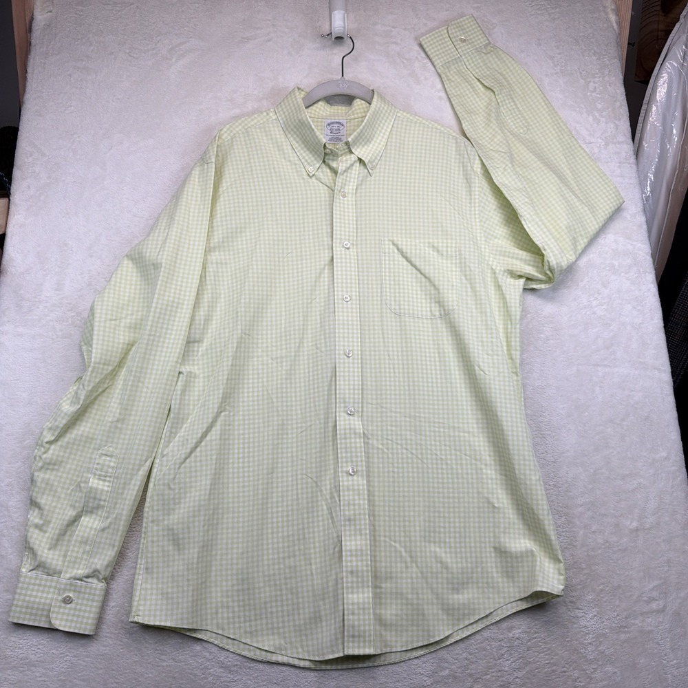 Brooks Brothers Mens 16.5 36 Green Gingham Supima Cotton Non Iron Dress Shirt